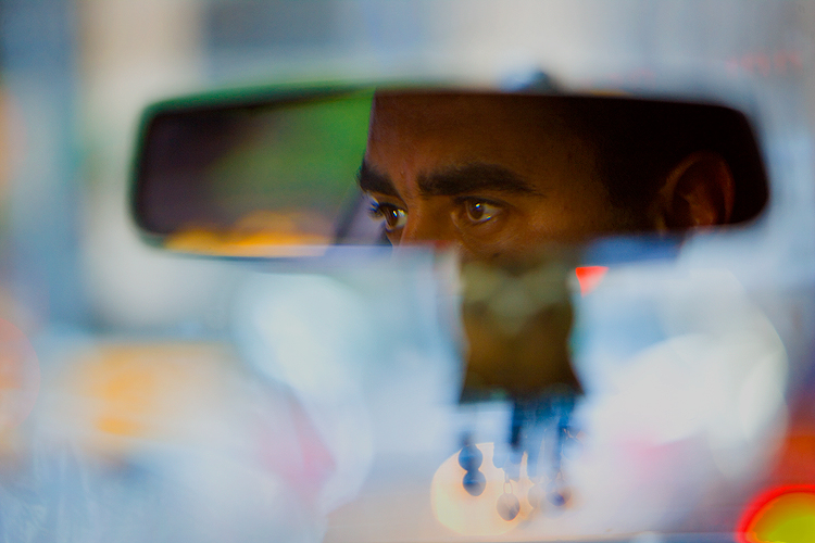 Taxi Driver Rear View Mirror : Midtown Manhattan : NYC