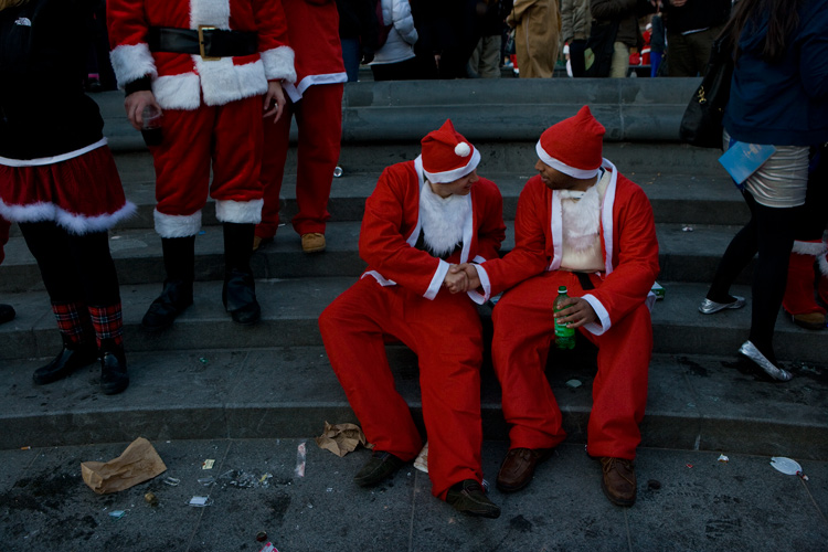 Two Santas Shake Santacon : Washington Sq : New York City