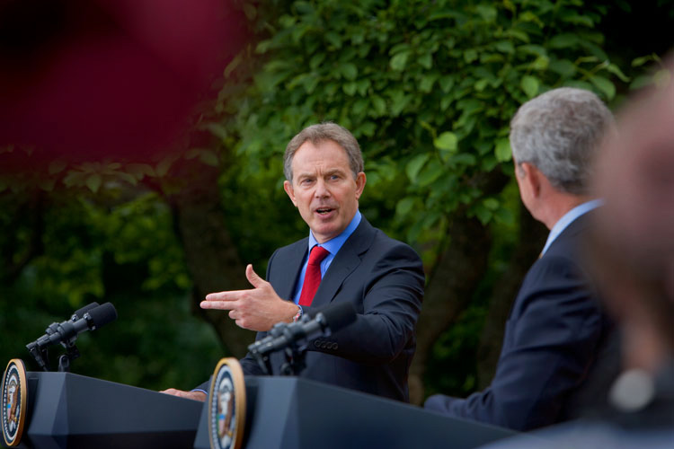 Smoking Gun Prime Minister Tony Blair with President Bush : White House Rose Garden : DC